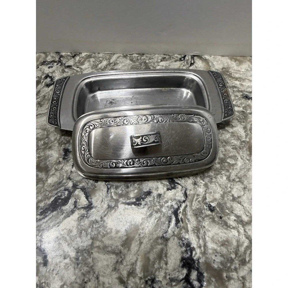 Vintage MCM Metal Ornate Butter Dish With Filigree Design Mid Century